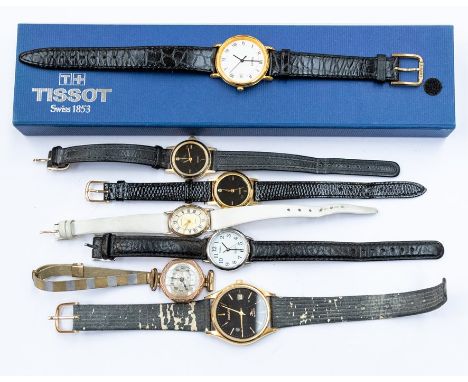 A collection of watches to include a gents gold plated Tissot wristwatch, round white dial, approx 26mm, black Roman numerals