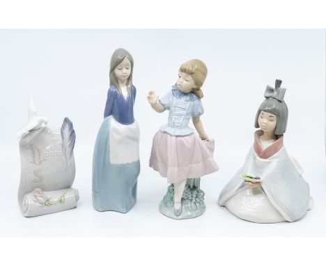 Three Nao figures of young ladies and a Lladro plaque