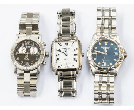 Three Raymond Weil wristwatches to include a steel chronometer, round black dial, duel subsidiary dials and date aperture and