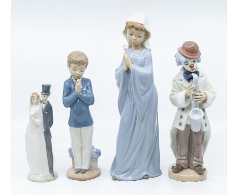 Three Nao figures of marriage and prayer along with Lladro clown