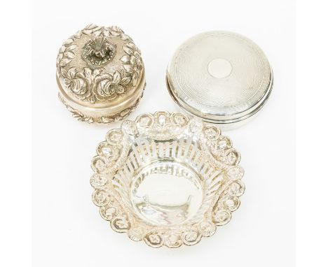 A collection of silver to include: An Edwardian shaped circular dish with flared rim chased with masks, festoons, scrolls and