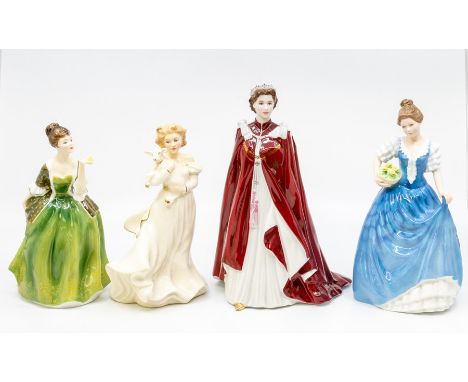 Three Royal Doulton figures including Fleur, Lambing Time, Helen and a Royal Worcester Queens 80th Birthday item