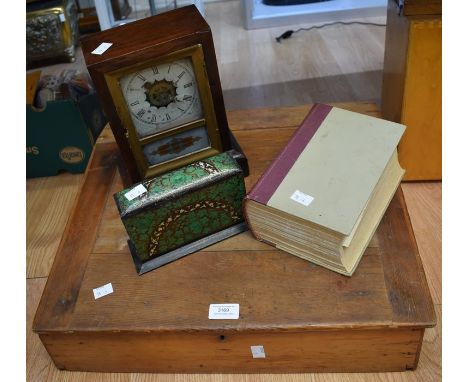 A pine writing slope, late 19th Century mantle clock, playing cards holder, Mrs Beetons Cookery Book