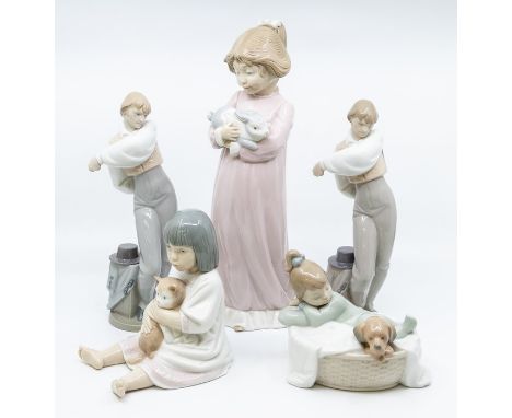 Five Nao figures, two Matadors and three young girls with pets