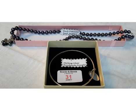 Sterling silver handmade bangle & black fresh water pearl necklace 