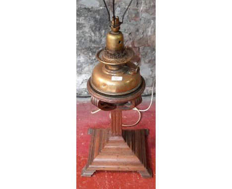 Oak pedestal stand for paraffin lamp (brass paraffin lamp converted to electric)