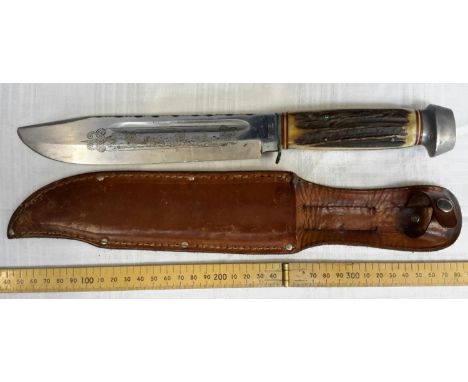 German emil voos solingen hunting knife with Indian & buffalo scene etched to the blade 