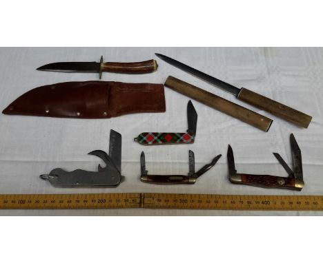 A selection of various pen knives, hunting knife & letter opener