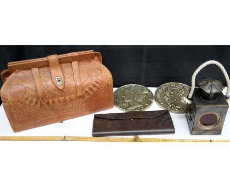 Leather Indian style bag, purse, 2 American coin wall plaques & small lantern 