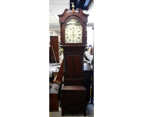 Victorian mahogany eight day longcase clock, the hood with swan neck pediment and brass finial with turned supports over a pa