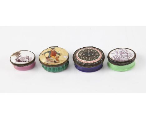 Bilston enamel oval snuff box depicting a ship at full sail, green base, 4cm, another depicting a tree and ruin, pink base, 3