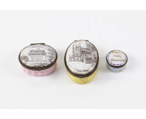 Bilston enamel oval snuff box, the printed lid inscribed 'A trifle from Bath Abbey,' and depicting the abbey, yellow base, 5 