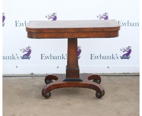 Early Victorian burr wood and ebony foldover card table, with square section support and platform base with scroll feet and b