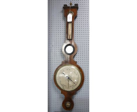 Early 19th century style mahogany, boxwood and ebony strung barometer, the later top with finial over a hygrometer, thermomet