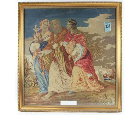 19th century wool tapestry depicting three figures with an urn, buildings beyond. Framed and glazed. 78 x 74cm. 