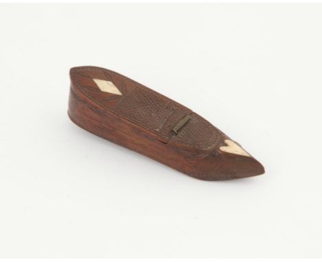 18th century carved wood shoe form snuff box with inlaid bone diamond and heart decoration, with metal coil hinge, 8.5cm long