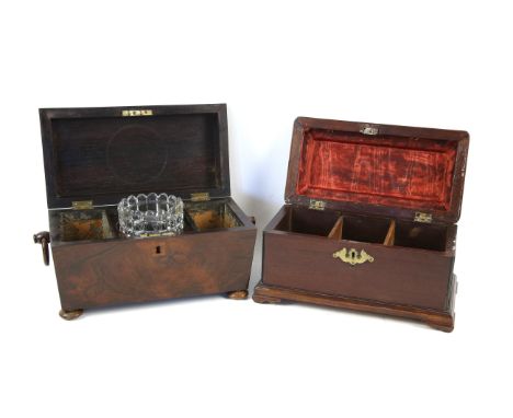Early 19th century rosewood sarcophagus form tea caddy, with ring handles and pad feet, enclosing two lidded compartments and