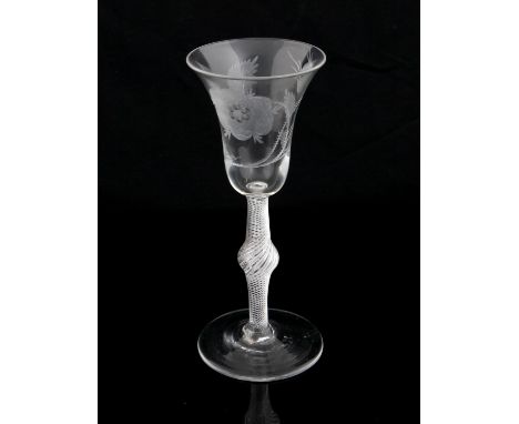 18th century Jacobite wine glass the bell shaped bowl engraved with open rose and a bud, on air twist single knop stem and do