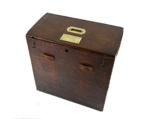 Late 19th century oak campaign box, the hinged cover with recessed brass handle and name plaque Colonel The Honourable C. R. 