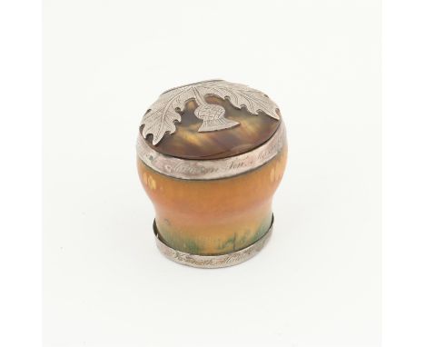 Late 18th century horn and white metal mounted snuff box with overlaid thistle decoration, mounts engraved 'To Kenneth Mathes
