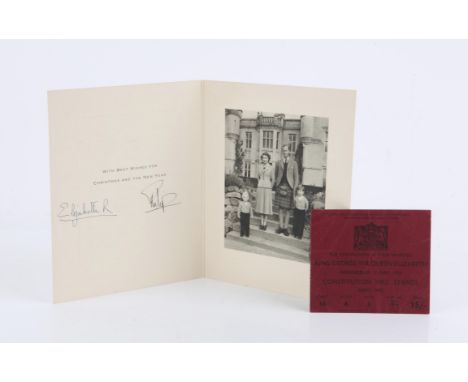 H.M Queen Elizabeth II and H.R.H Prince Philip. Christmas greetings card from 1952 signed by both individually beneath a prin