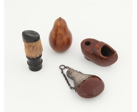 Wood and white metal mounted miniature flask 7cm long, treen pear shaped box and cover, pipe bowl in the form of a clog and a