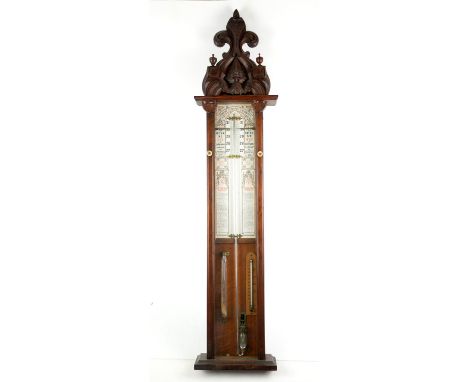 Early 20th century oak cased Admiral Fitzroy's Barometer, the foliate carved top with finials over a printed dial and thermom