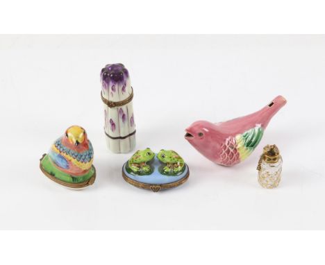 Limoges porcelain asparagus form box, 8.5 cm high, another Limoges box with two frogs, 5.5 cm wide, another porcelain box of 