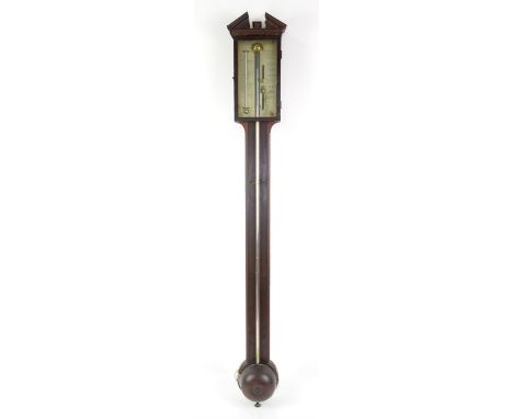 George III mahogany stick barometer, the broken triangular pediment over a silvered dial inscribed Tagliabue & Torre, No. 294