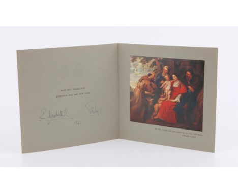 H.M Queen Elizabeth II and H.R.H Prince Philip. Christmas greetings card from 1961 signed by both Queen Elizabeth and the Duk