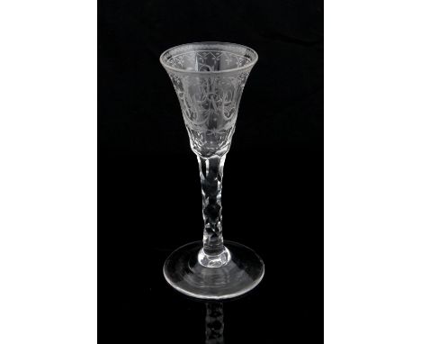 18th century English drinking glass, the bell bowl engraved with monograms MG and WM in laurel cartouches on hexagonal facet 