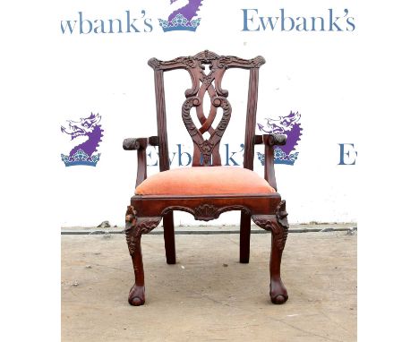 Miniature George III style carved mahogany open arm chair, in the Chippendale style with pierced vase shape splat, foliate ca