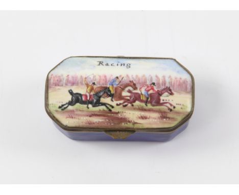 19th century enamel polychrome snuff box, of horse racing interest in rectangular canted form, the hinged lid depicting a ste