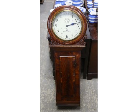 Mid 19th century crossbanded mahogany drop dial regulator wall clock, the circular hood with C-scroll brackets enclosing a pa