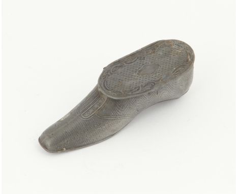 19th century pewter shoe form snuff box with engine turned decoration, 8cm long,