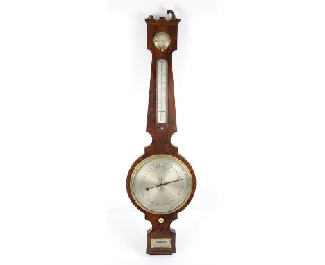 Early 19th century mahogany banjo barometer, the broken swan neck pediment over a hygrometer, thermometer, silvered dial and 