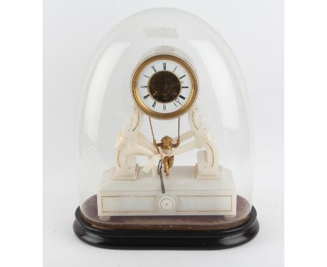 19th century French marble clock with gilt decoration, the white enamelled dial with Roman numerals and visible escapement, w