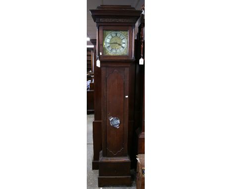 18th century oak 30 hour longcase clock, the moulded top hood with blind fret carved frieze over turned columns enclosing a b