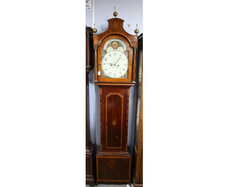 Early 19th century inlaid mahogany and satinwood eight day  longcase clock, the shaped top with brass finials and inlaid pane