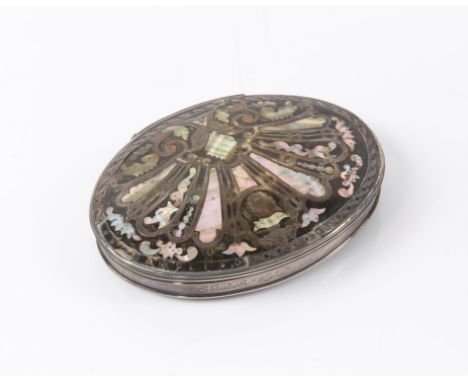 Tortoiseshell and silver mounted oval snuff box with mother of pearl shell form inlay and portrait, the rim engraved Elizabet
