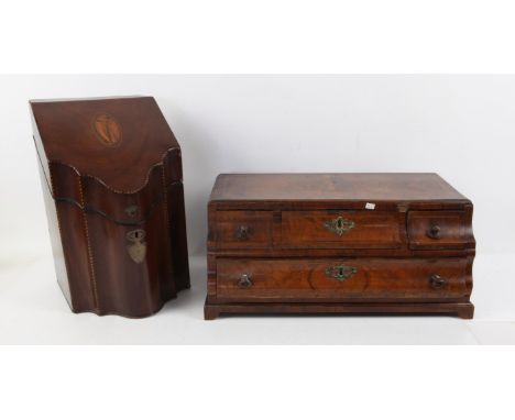 George III mahogany and chevron banded knife box, the shell inlaid cover over a serpentine front enclosing a fitted interior,