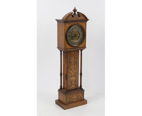 Early 20th century inlaid rosewood table timepiece clock, in the form of a longcase clock. with silvered dial and single trai