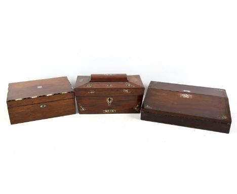 Mid 19th century rosewood and mother of pearl inset writing slope, the twin hinged top revealing a slope, inkwell and lidded 