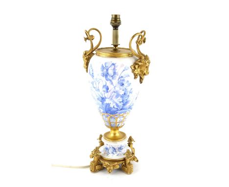 Early 20th century continental porcelain table lamp with gilt rams head mounts H43.5cmCondition Report:  Porcelain base with 