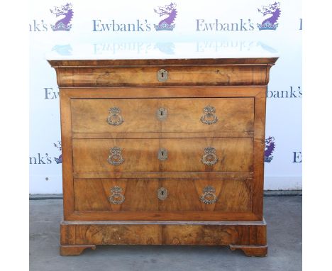19th century French walnut commode, the marble top over a moulded frieze drawer and three long drawers on bracket feet, H97 W