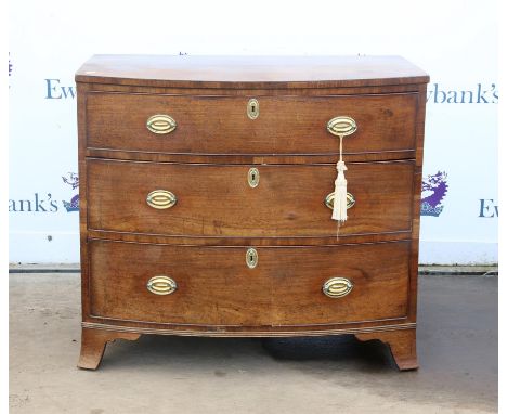 Early 19th century mahogany and ebony banded bowfront chest, of three long graduated drawers on splayed bracket feet, H81 W92