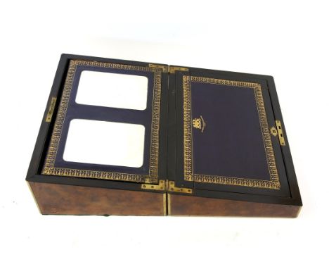 Mid 19th century burr walnut and brass bound writing box, of rectangular form, enclosing a leather lined interior including m