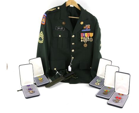 REVISED ESTIMATE U.S. Sargent 1st Class, Dress Green Uniform jacket, 1st Cavalry patch and four service stripes on the left s