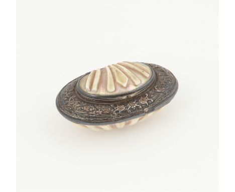 19th century shell and white metal mounted snuff box with scrolling foliate and animal decoration, 7cm wide,