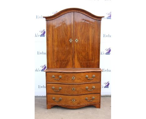 19th century Continental walnut cabinet bureau, possibly South German, the arched cornice over a pair of crossbanded doors en